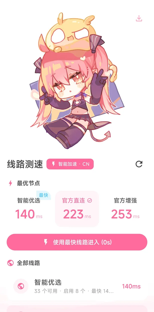 客户端线路测速界面：智能优选 140ms、官方直连 223ms、官方增强 253ms，全部线路共 33 个节点